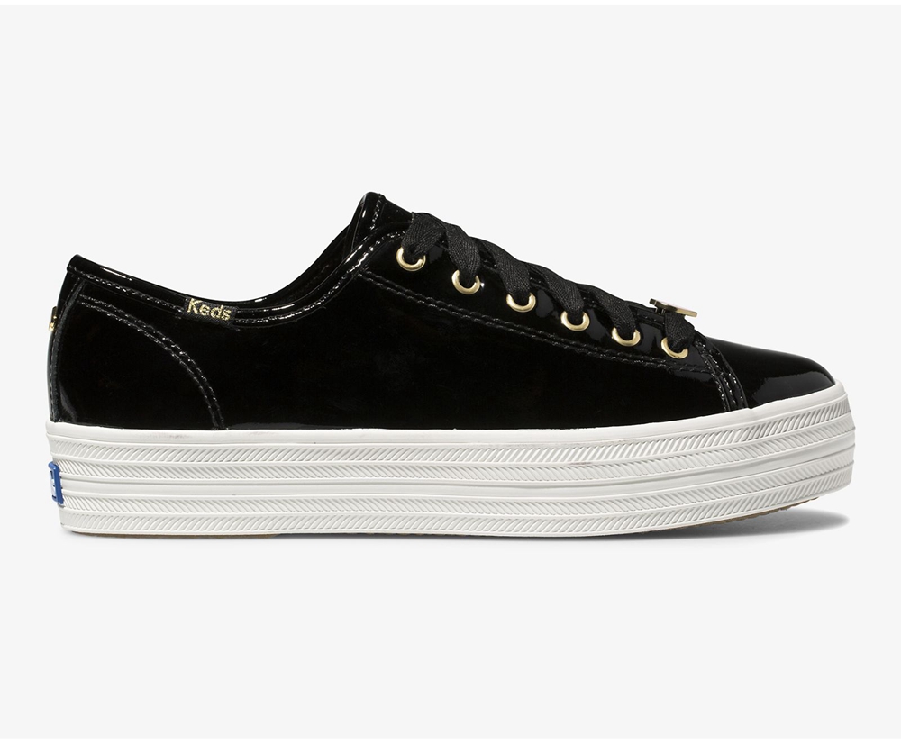 Womens Keds Sneakers - Kate Spade new york Triple Kick Patent Leather - Black - 7698-EPXNZ